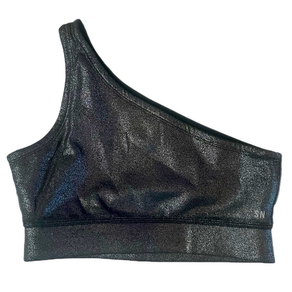 NWOT Second Nature Brand Black Metallic Glitter One Shoulder Sports Bra Size S - Picture 3 of 4